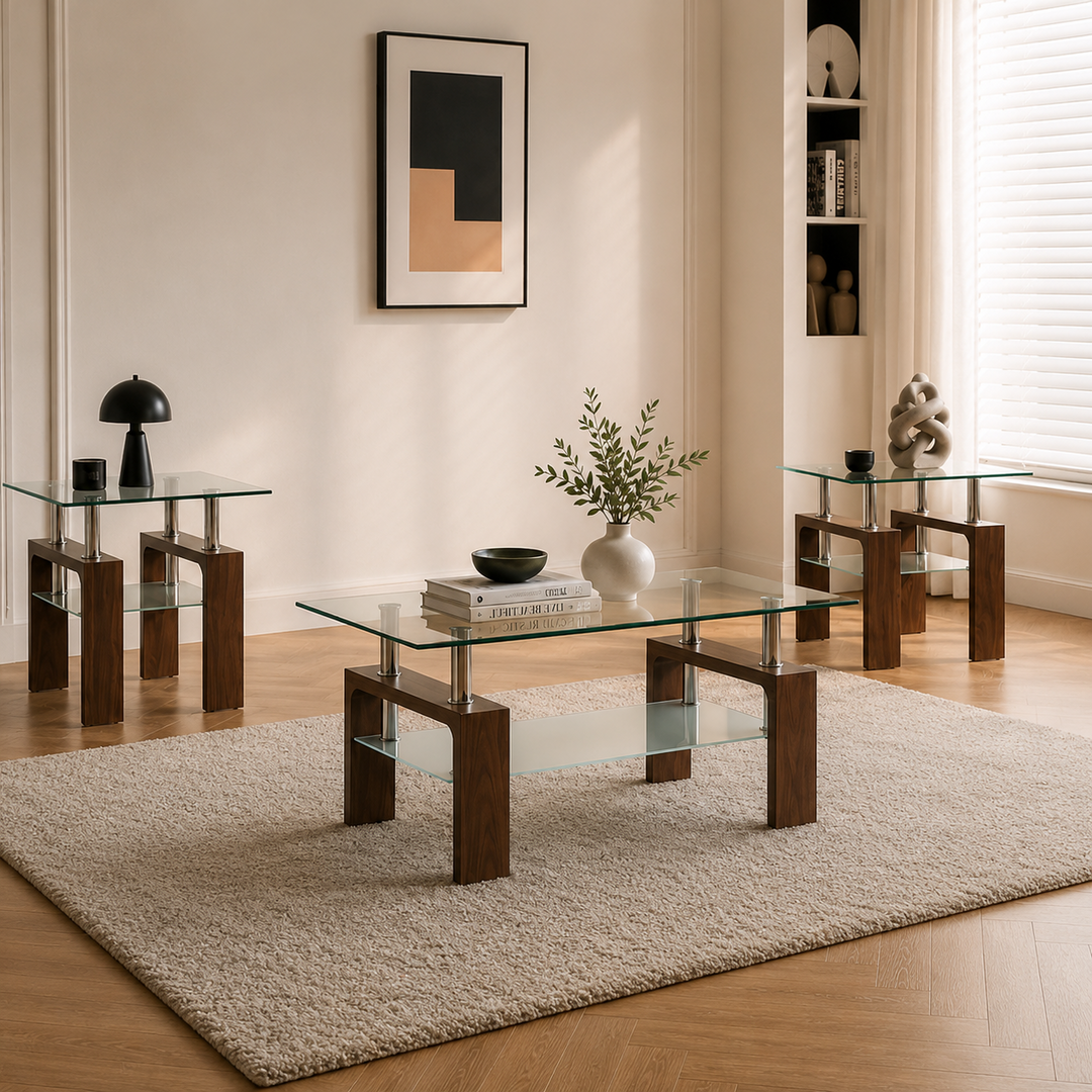 Odien Dark Brown 3-Piece Coffee Table Set With Tempered Glass Top
