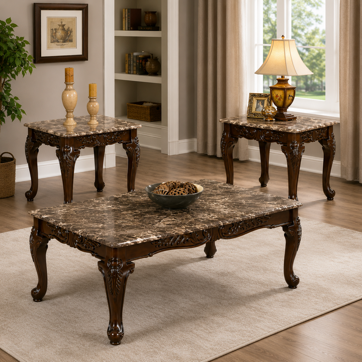Nikki 3-Piece Coffee Table Set With Marble Top