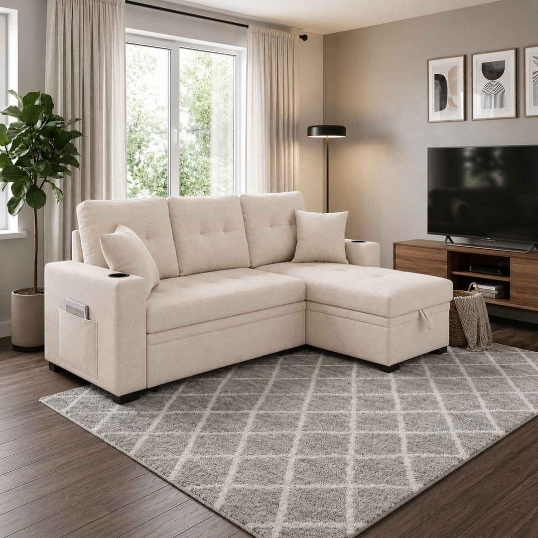 Kestrel Fabric Upholstered Sectional Sofa Bed With Reversible Storage Chaise - Beige