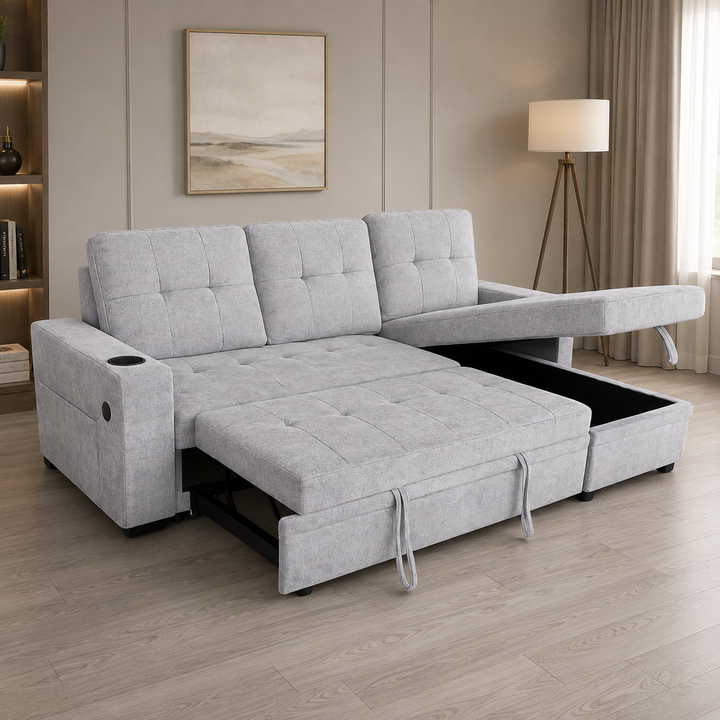 Evane Fabric Upholstered Sectional Sofa Bed With Reversible Storage Chaise &amp; USB Charing Ports - Grey