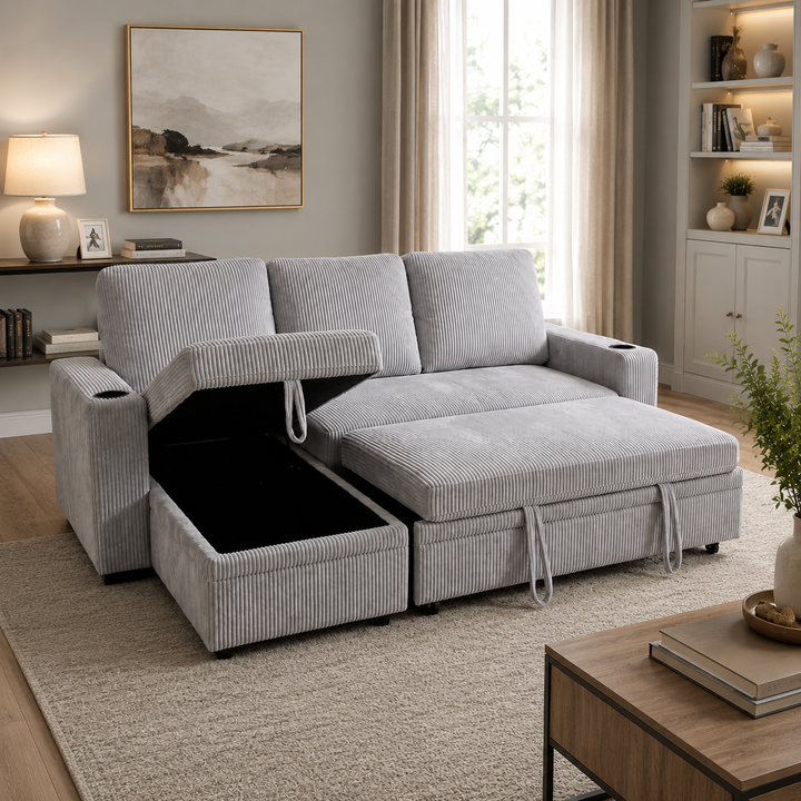 Robin Fabric Upholstered Sectional Sofa Bed With Reversible Storage Chaise - Grey