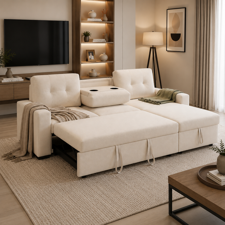 Howard Fabric Upholstered Sectional Sofa Bed With Reversible Storage Chaise &amp; USB Charging Ports - Beige