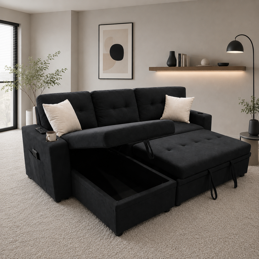 Kestrel Fabric Upholstered Sectional Sofa Bed With Reversible Storage Chaise - Black