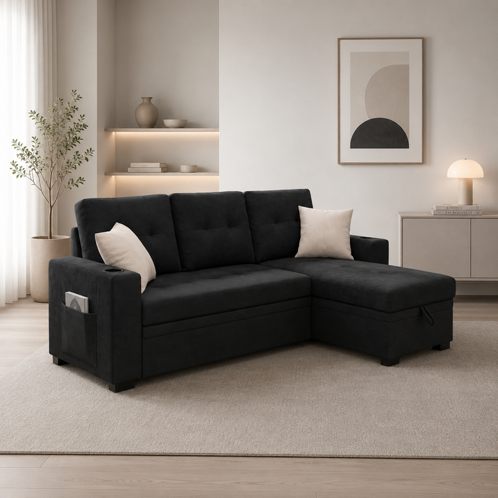 Kestrel Fabric Upholstered Sectional Sofa Bed With Reversible Storage Chaise - Black