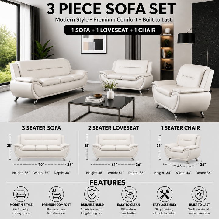 Gilan 3-Piece Sofa Set In Faux Leather Upholstery - White