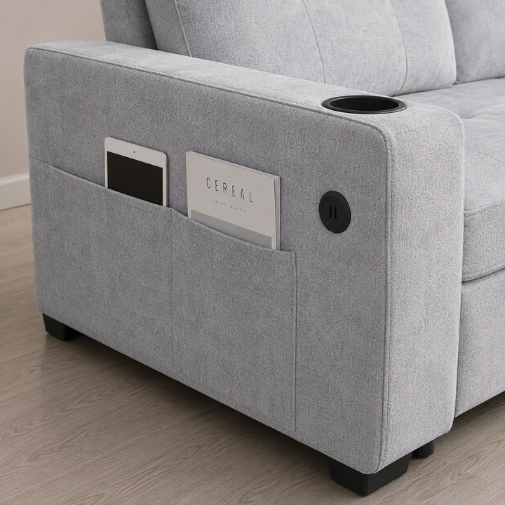 Evane Fabric Upholstered Sectional Sofa Bed With Reversible Storage Chaise &amp; USB Charing Ports - Grey