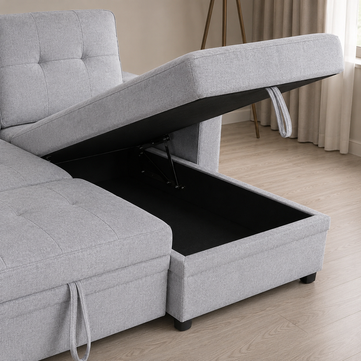 Evane Fabric Upholstered Sectional Sofa Bed With Reversible Storage Chaise &amp; USB Charing Ports - Grey