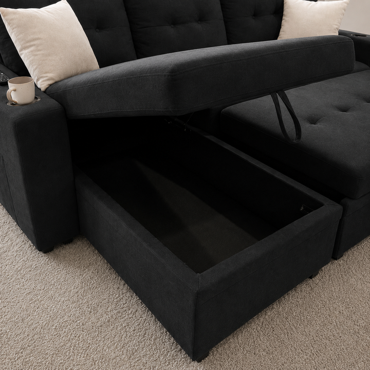 Kestrel Fabric Upholstered Sectional Sofa Bed With Reversible Storage Chaise - Black