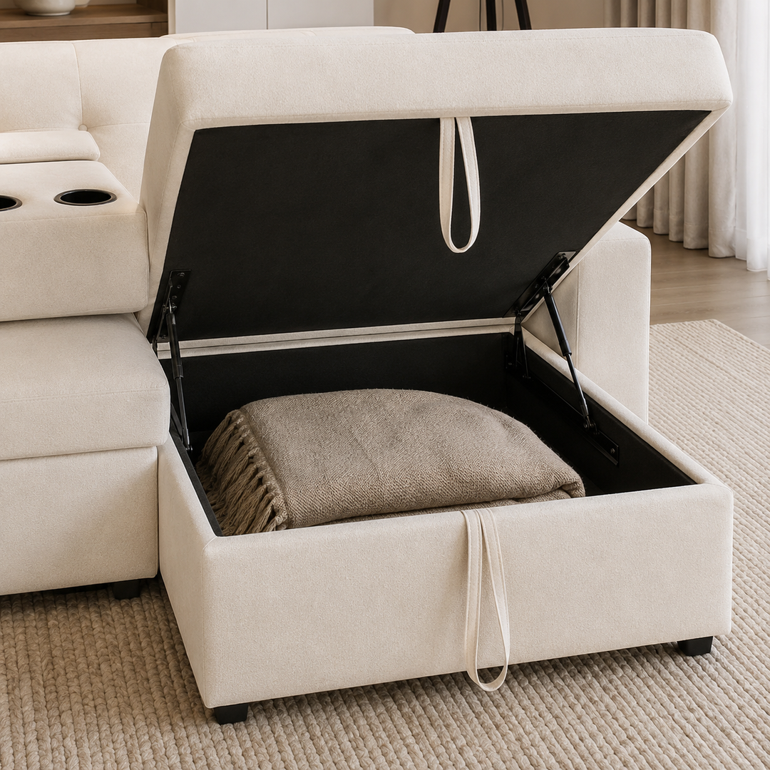 Howard Fabric Upholstered Sectional Sofa Bed With Reversible Storage Chaise &amp; USB Charging Ports - Beige
