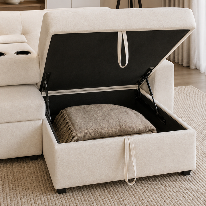 Howard Fabric Upholstered Sectional Sofa Bed With Reversible Storage Chaise &amp; USB Charging Ports - Beige