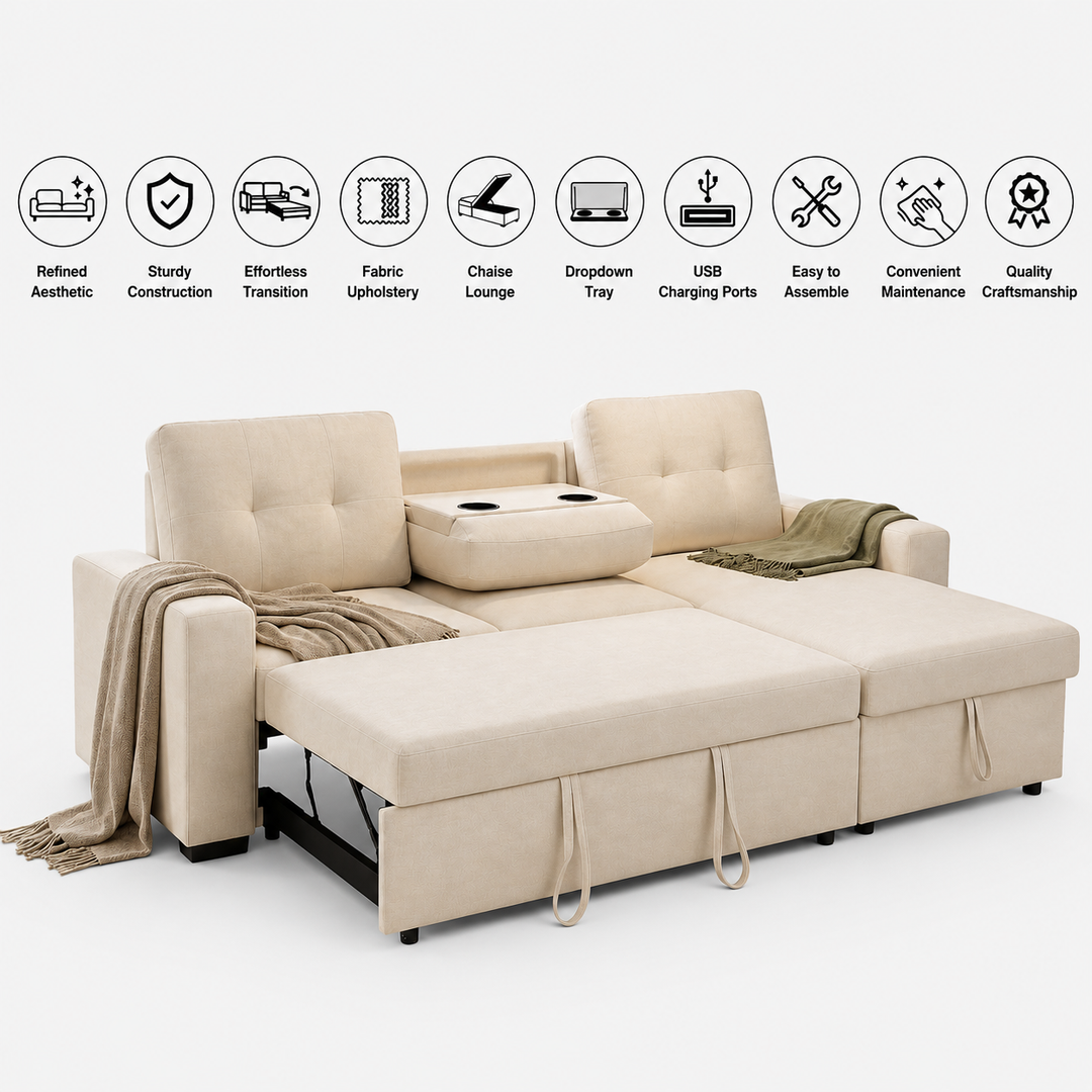 Howard Fabric Upholstered Sectional Sofa Bed With Reversible Storage Chaise &amp; USB Charging Ports - Beige