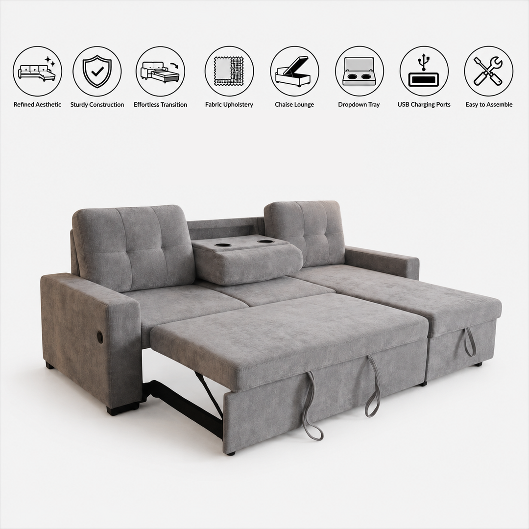 Howard Fabric Upholstered Sectional Sofa Bed With Reversible Storage Chaise &amp; USB Charging Ports - Grey