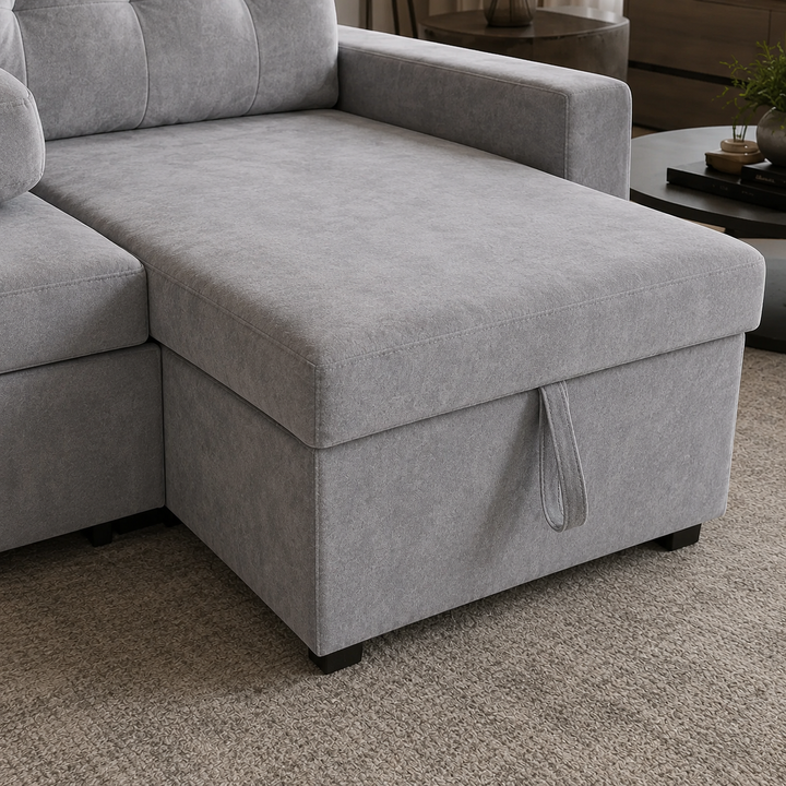 Howard Fabric Upholstered Sectional Sofa Bed With Reversible Storage Chaise &amp; USB Charging Ports - Grey