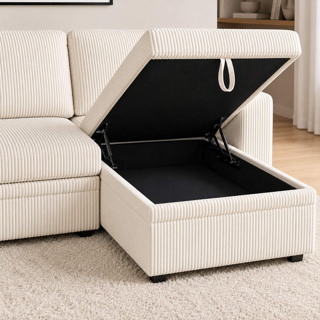 Robin Fabric Upholstered Sectional Sofa Bed With Reversible Storage Chaise - Beige