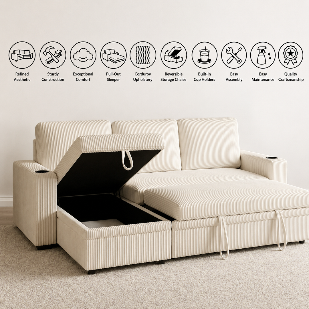 Robin Fabric Upholstered Sectional Sofa Bed With Reversible Storage Chaise - Beige