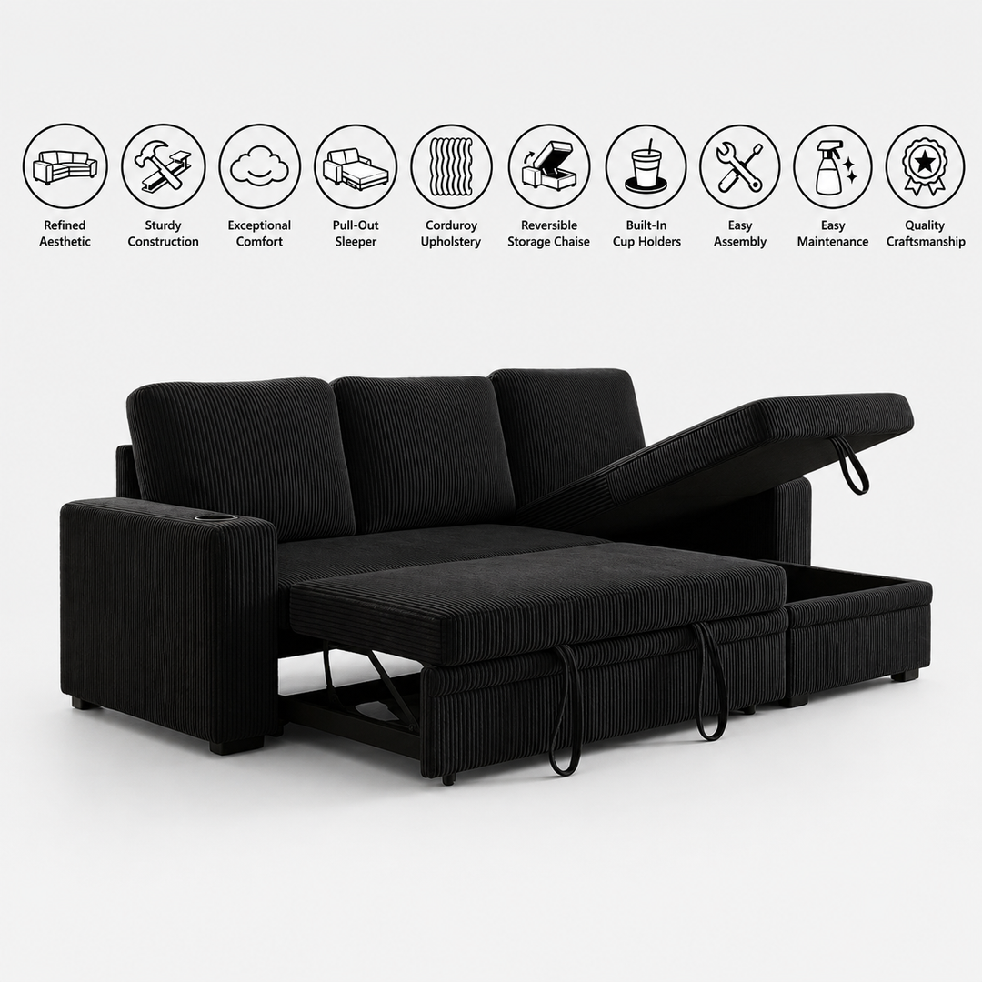 Robin Fabric Upholstered Sectional Sofa Bed With Reversible Storage Chaise - Black