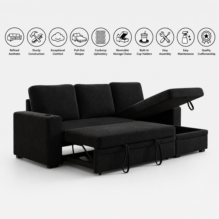 Robin Fabric Upholstered Sectional Sofa Bed With Reversible Storage Chaise - Black