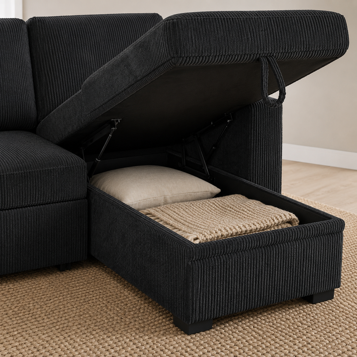 Robin Fabric Upholstered Sectional Sofa Bed With Reversible Storage Chaise - Black