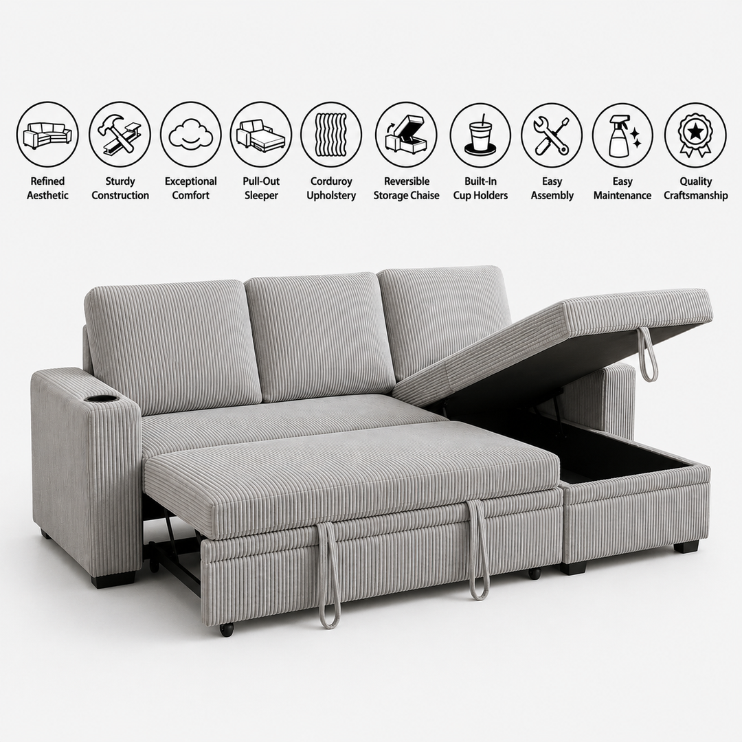 Robin Fabric Upholstered Sectional Sofa Bed With Reversible Storage Chaise - Grey