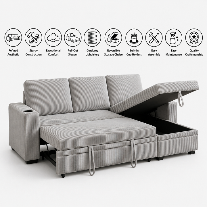 Robin Fabric Upholstered Sectional Sofa Bed With Reversible Storage Chaise - Grey