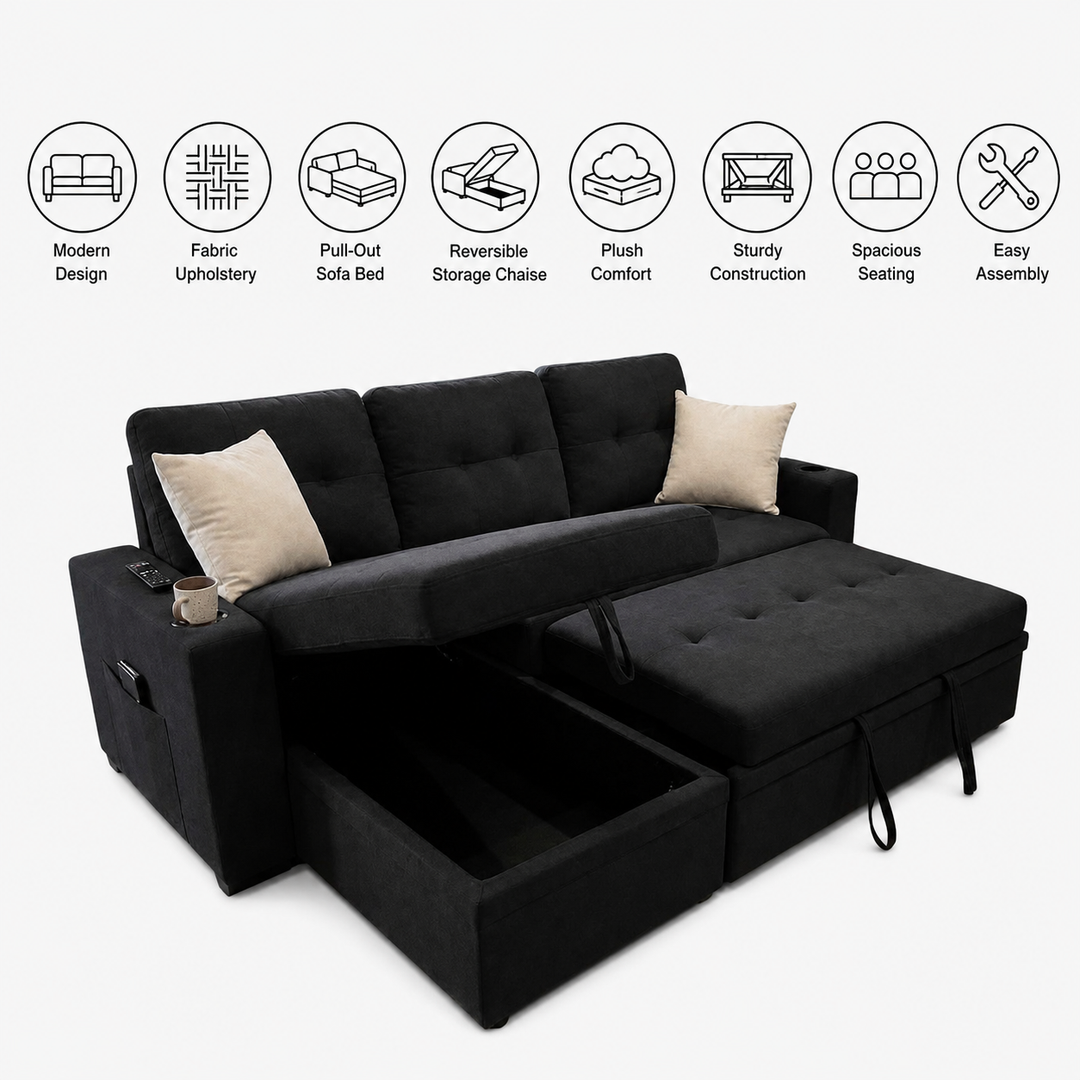 Kestrel Fabric Upholstered Sectional Sofa Bed With Reversible Storage Chaise - Black