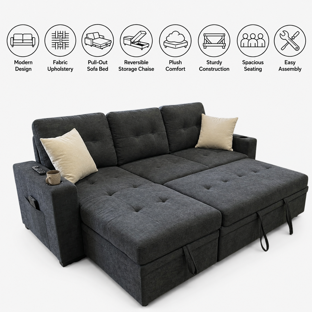 Kestrel Fabric Upholstered Sectional Sofa Bed With Reversible Storage Chaise - Grey