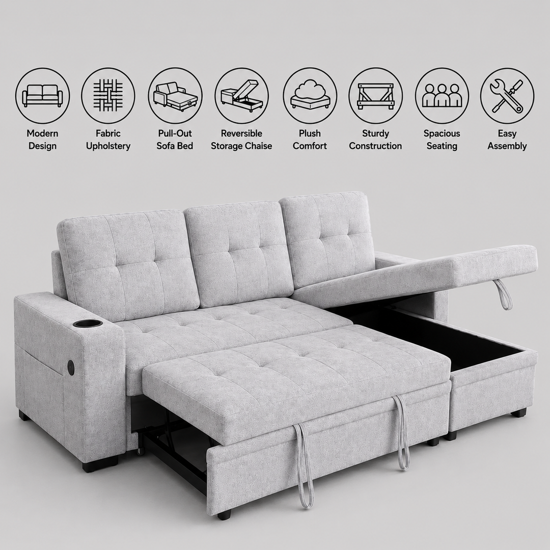 Evane Fabric Upholstered Sectional Sofa Bed With Reversible Storage Chaise &amp; USB Charing Ports - Grey