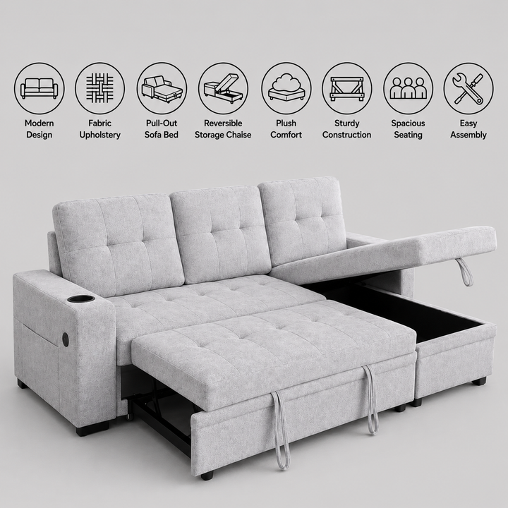 Evane Fabric Upholstered Sectional Sofa Bed With Reversible Storage Chaise &amp; USB Charing Ports - Grey