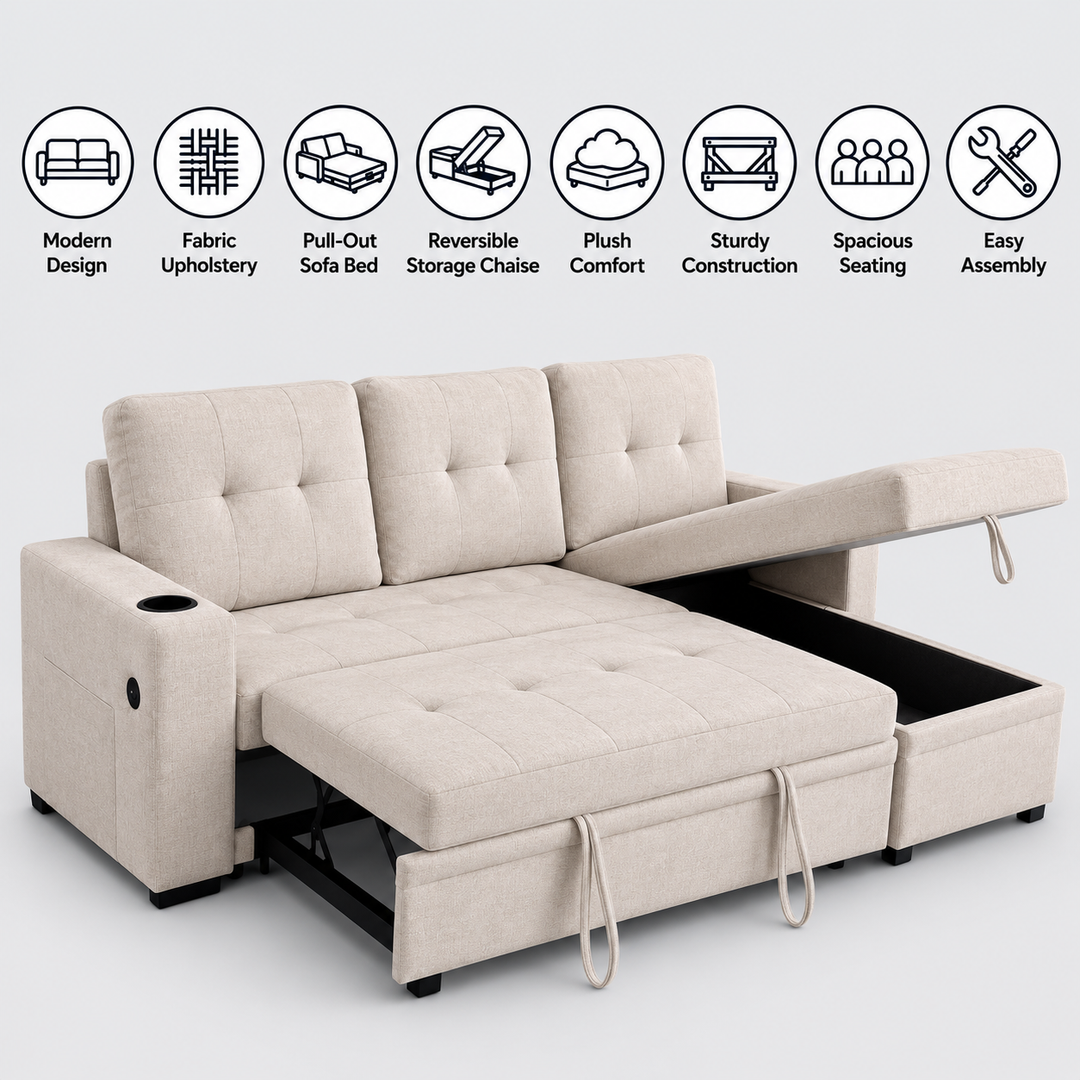 Evane Fabric Upholstered Sectional Sofa Bed With Reversible Storage Chaise &amp; USB Charing Ports - Beige