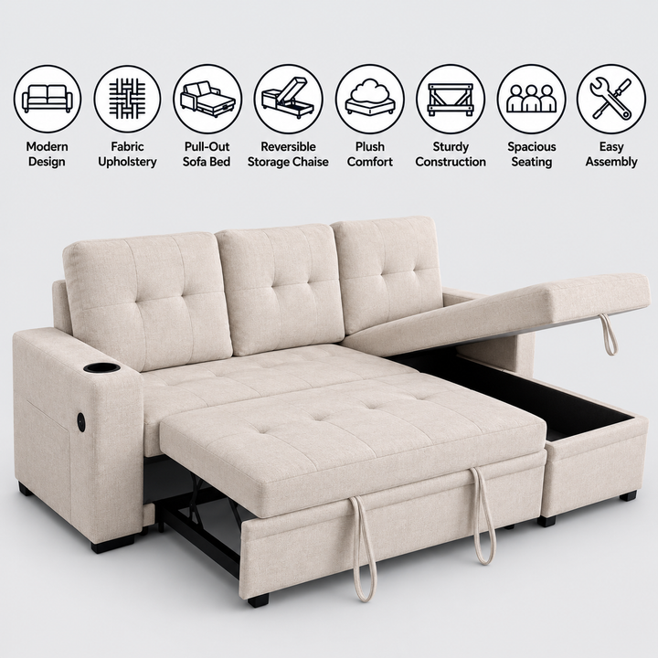 Evane Fabric Upholstered Sectional Sofa Bed With Reversible Storage Chaise &amp; USB Charing Ports - Beige
