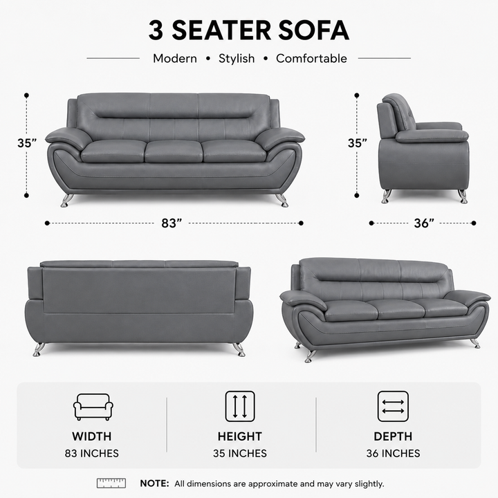 Gilan 3-Piece Sofa Set In Faux Leather Upholstery - Grey