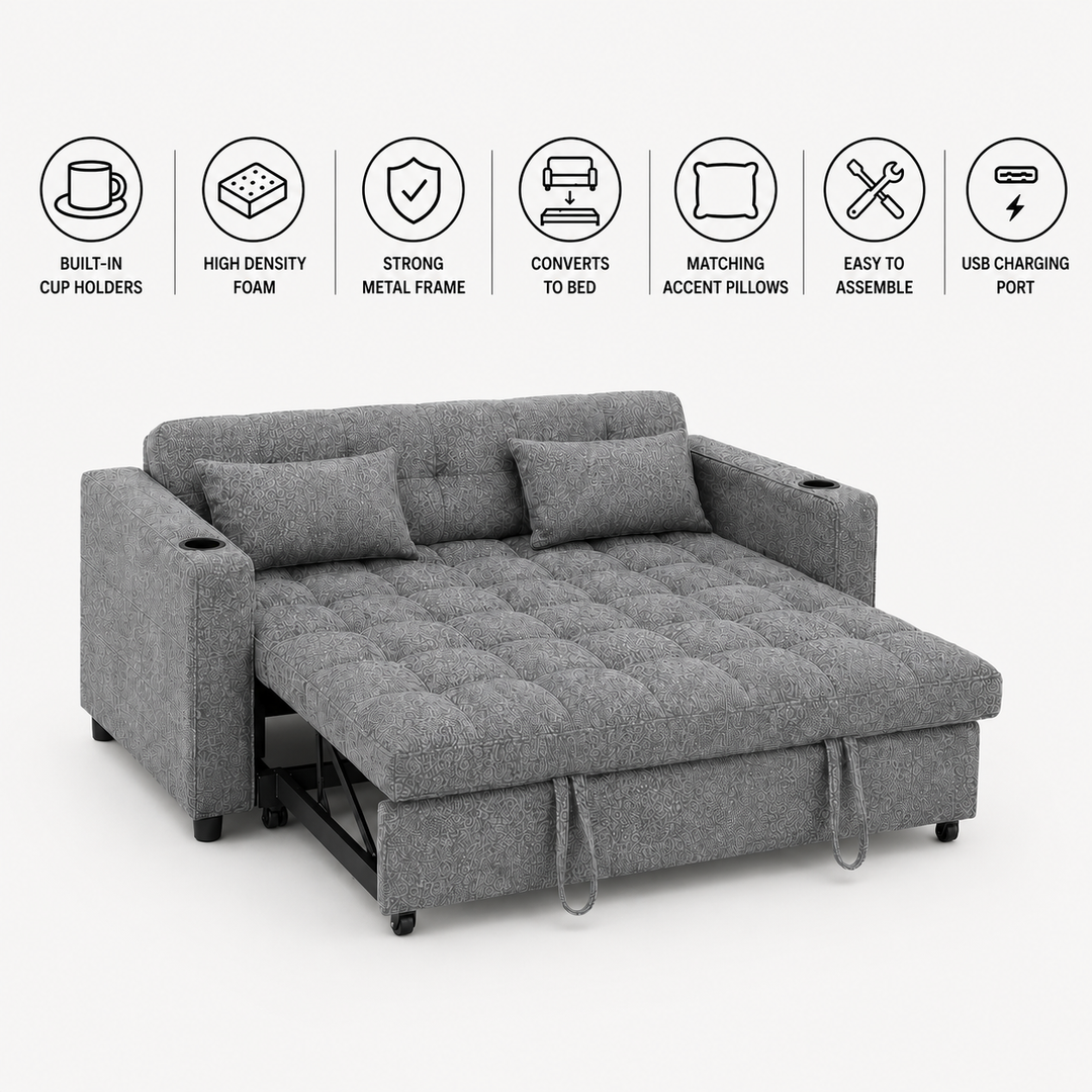 Aspire Fabric Upholstered Sofa Bed With USB Charging Ports - Grey