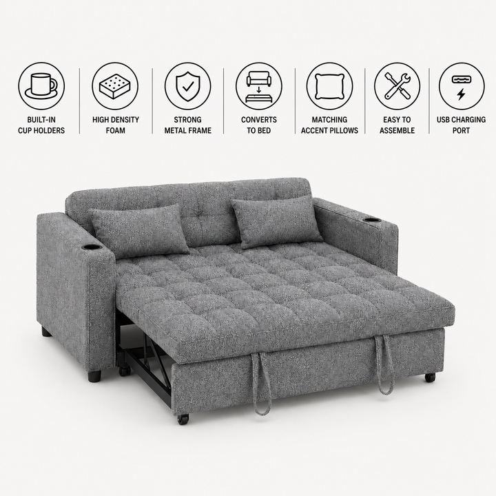 Aspire Fabric Upholstered Sofa Bed With USB Charging Ports - Grey