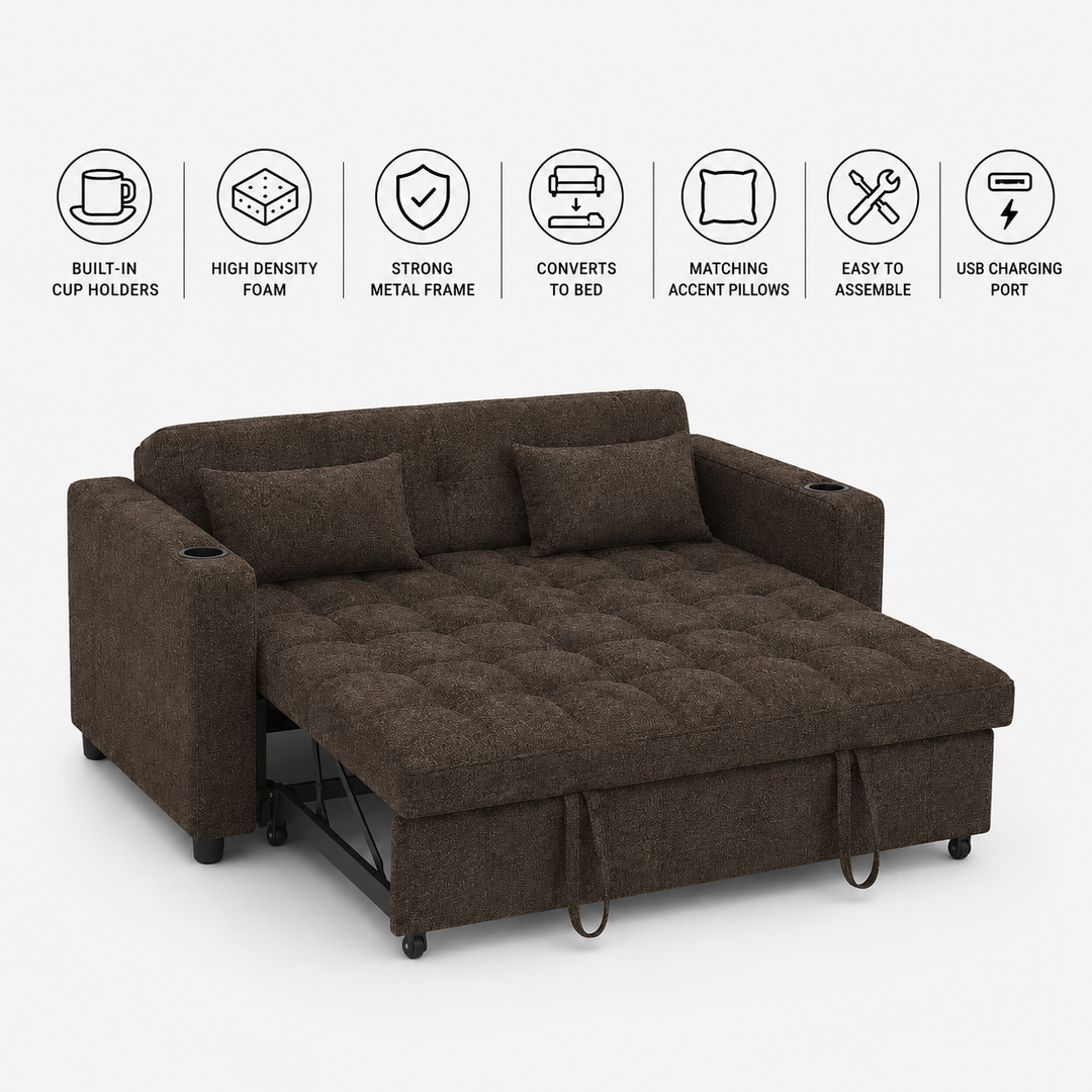 Aspire Fabric Upholstered Sofa Bed With USB Charging Ports - Brown