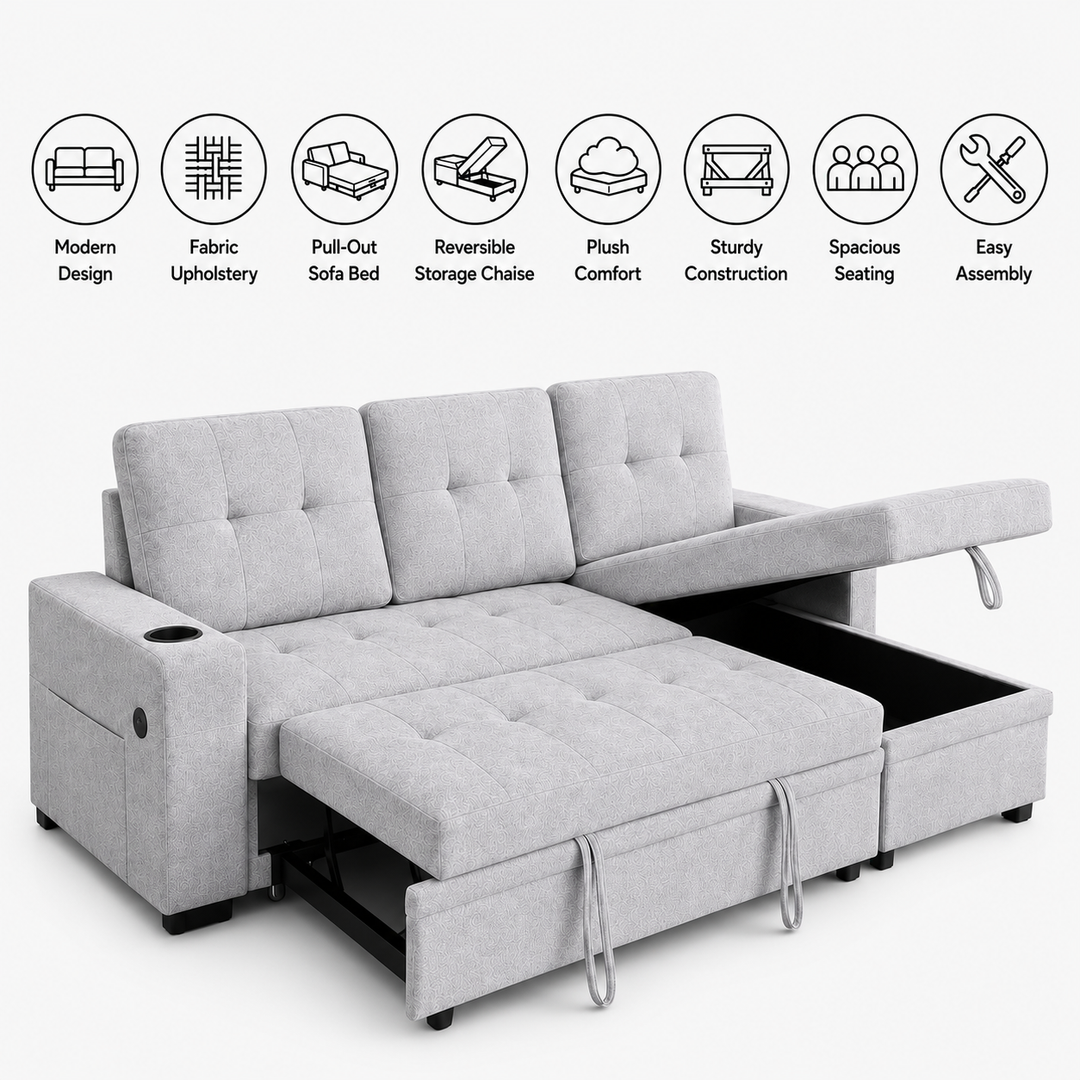 Evane Fabric Upholstered Sectional Sofa Bed With Reversible Storage Chaise &amp; USB Charing Ports - Grey