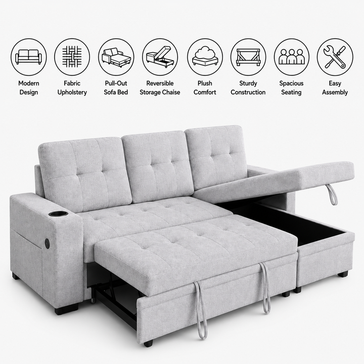 Evane Fabric Upholstered Sectional Sofa Bed With Reversible Storage Chaise &amp; USB Charing Ports - Grey