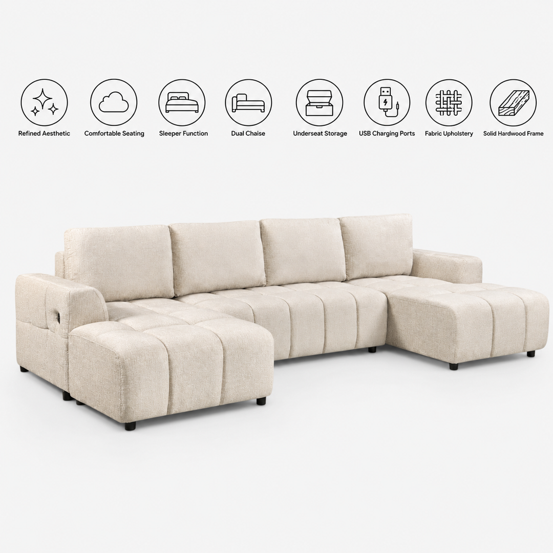 Modrest 3-Piece Sectional Sofa Bed In Fabric Upholstery - Beige