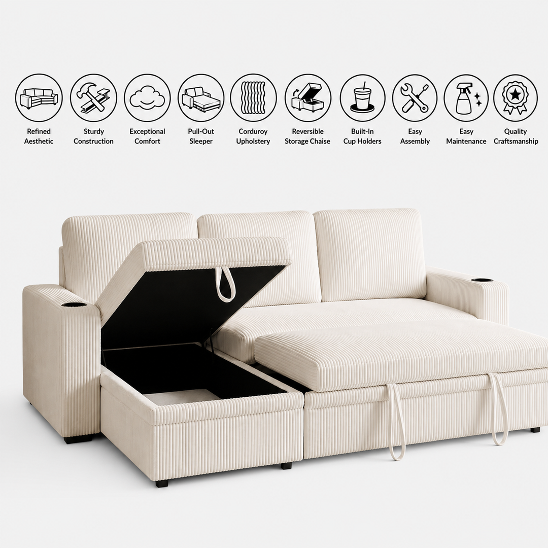 Robin Fabric Upholstered Sectional Sofa Bed With Reversible Storage Chaise - Beige