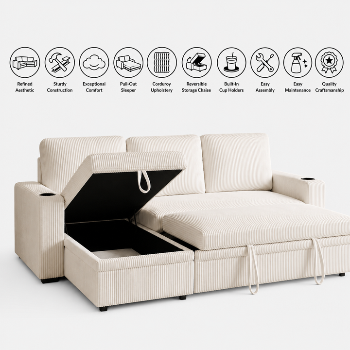 Robin Fabric Upholstered Sectional Sofa Bed With Reversible Storage Chaise - Beige