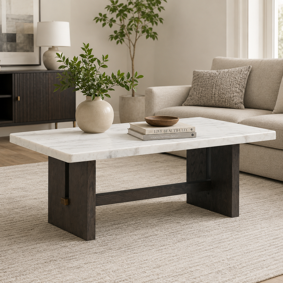 T779-1 Burkhaus Coffee Table With Marble Top - White/ Dark Brown | Signature Design By Ashley