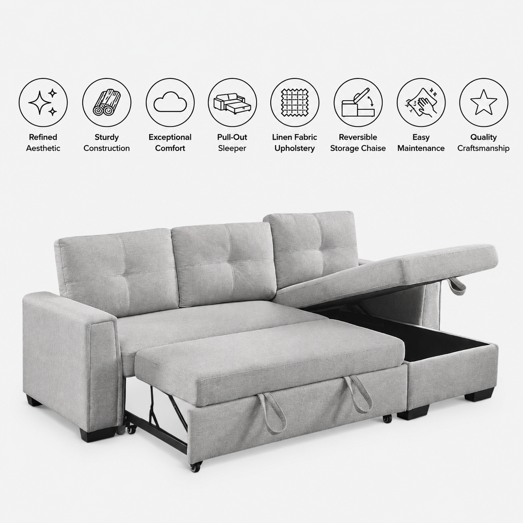 Nexel Sectional Sofa Bed With Reversible Storage Chaise - Grey
