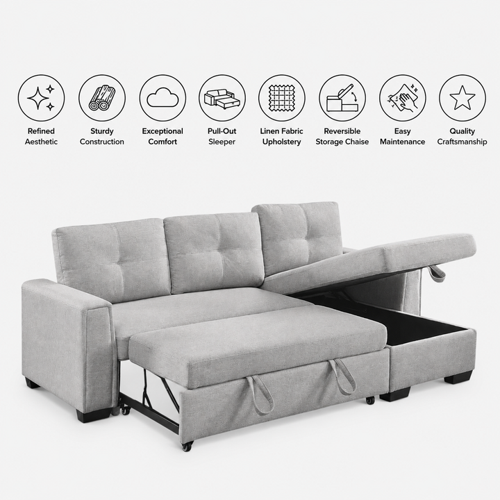 Nexel Sectional Sofa Bed With Reversible Storage Chaise - Grey