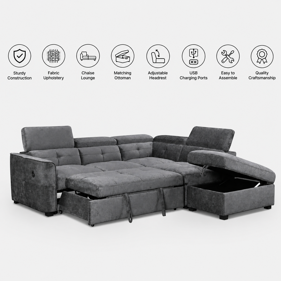 Vision Fabric Upholstered Sectional Sofa Bed With Storage Ottoman - Grey | Available