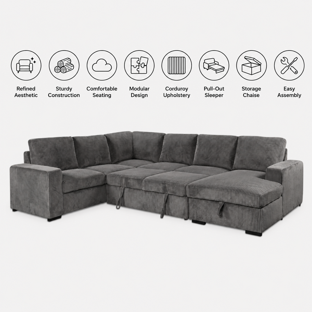 Billy RAF Sectional Sofa Bed In Fabric Upholstery - Grey