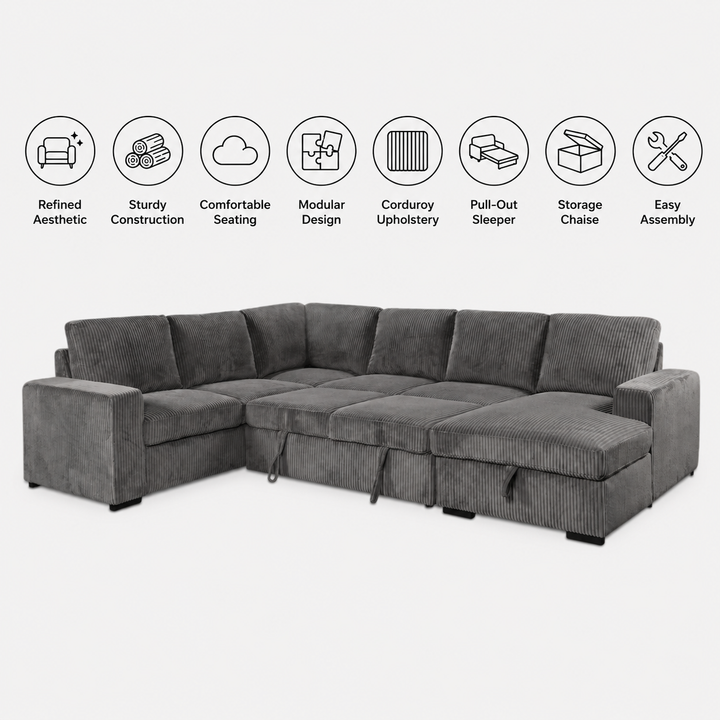 Billy RAF Sectional Sofa Bed In Fabric Upholstery - Grey