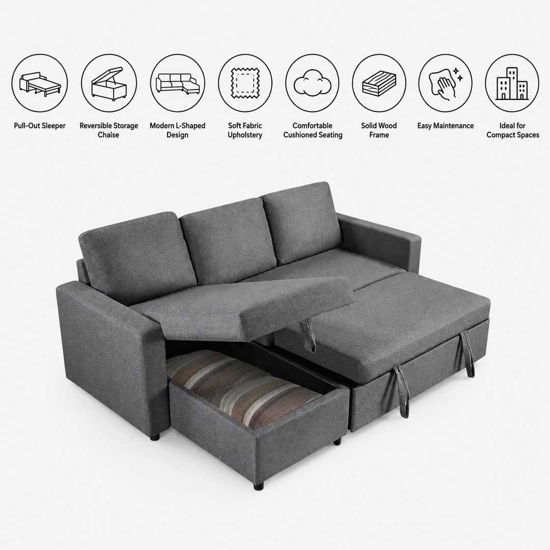 Plushen Grey Fabric Sectional Sofa Bed with Reversible Storage Chaise