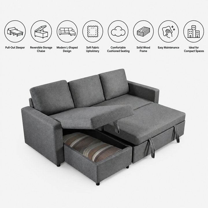 Plushen Grey Fabric Sectional Sofa Bed with Reversible Storage Chaise