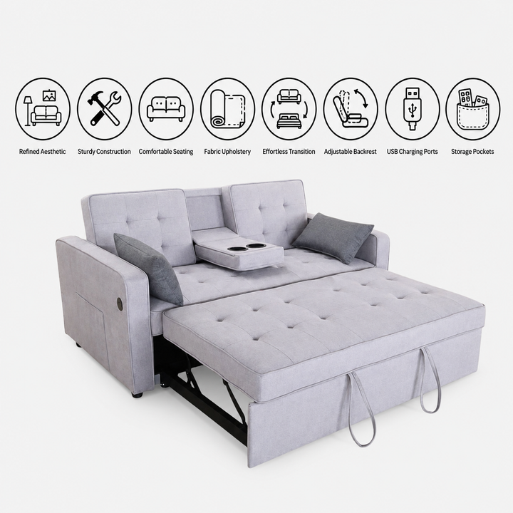 Sophia Fabric Upholstered Sofa Bed With USB Charging Ports - Grey