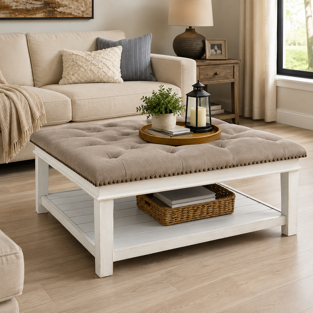 T937-21 Kanwyn Upholstered Ottoman Coffee Table - Grayish Brown/ White | Signature Design By Ashley