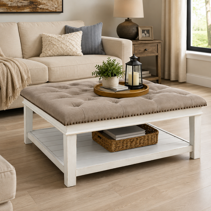 T937-21 Kanwyn Upholstered Ottoman Coffee Table - Grayish Brown/ White | Signature Design By Ashley